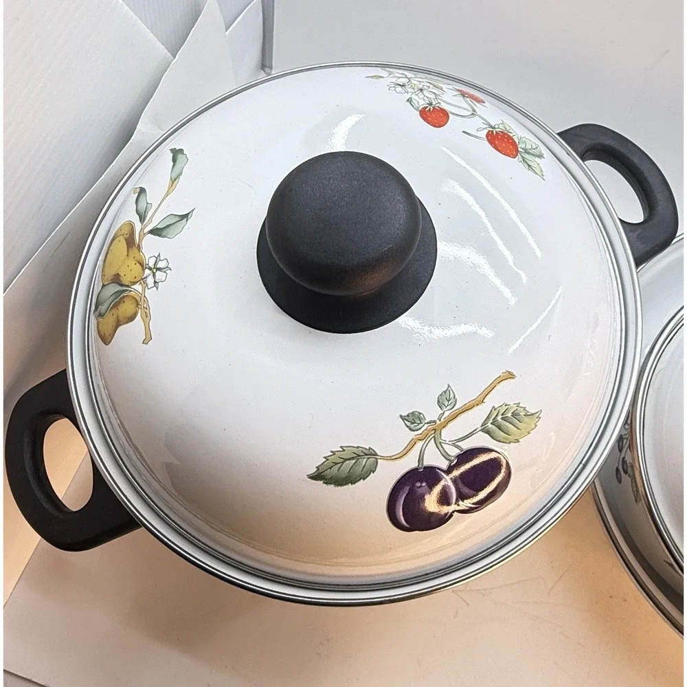 Vintage Tabletops Unlimited Dulcie Enamelware Cookware Set Fruit Motif 3 Pc